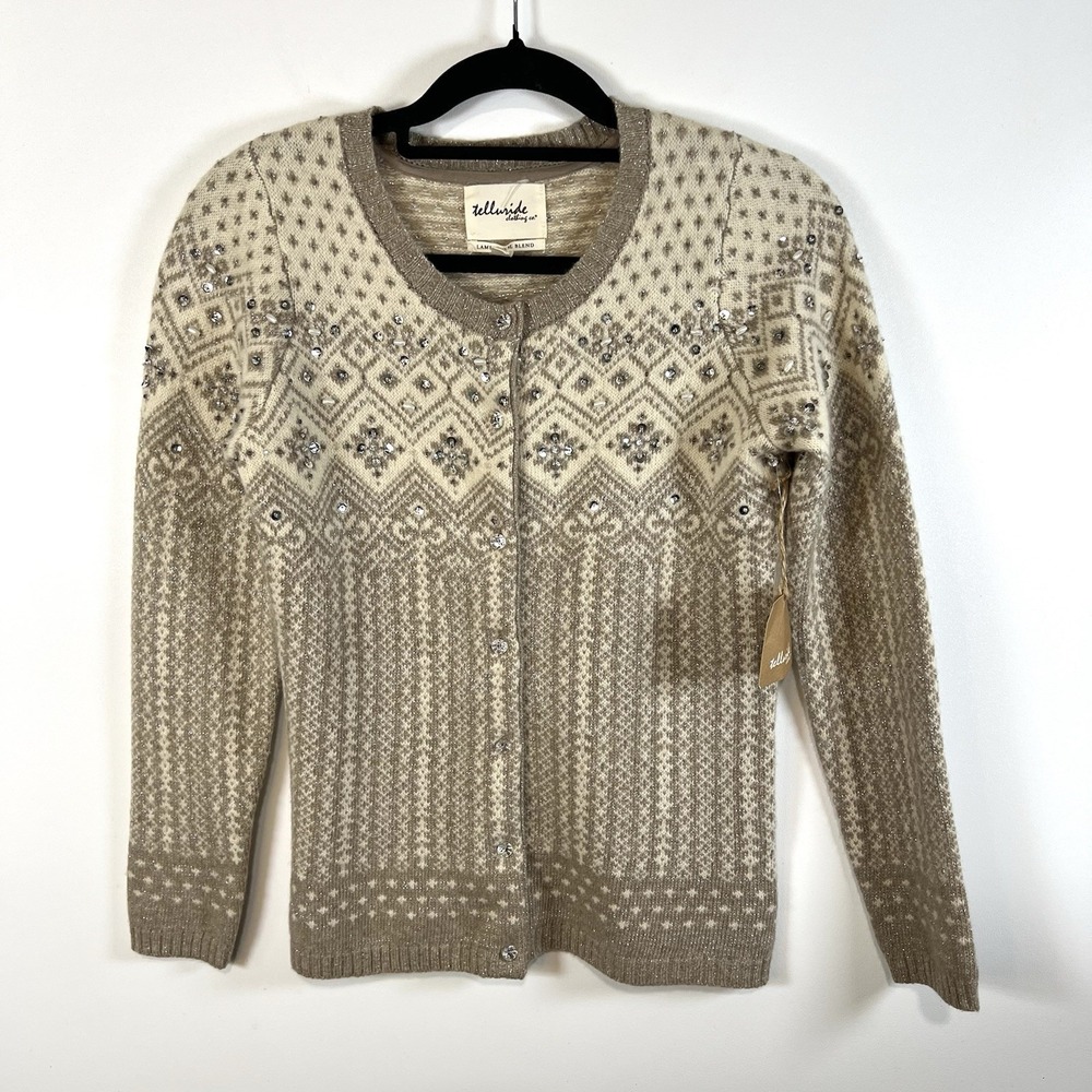 Telluride Clothing Co Cardigan Women S Cream Lambswool Fair Isle Metallic Beaded
